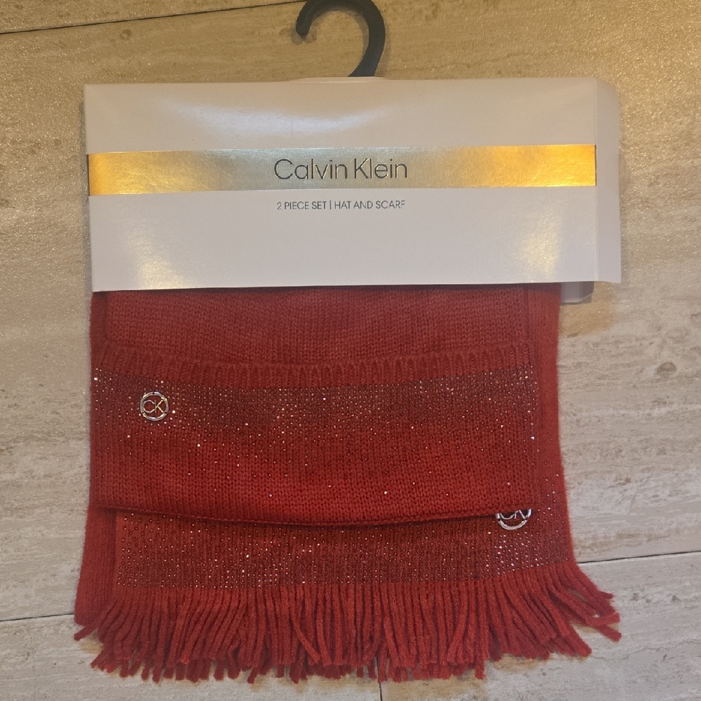 New Calvin Klein Red Hat and Scarf Set